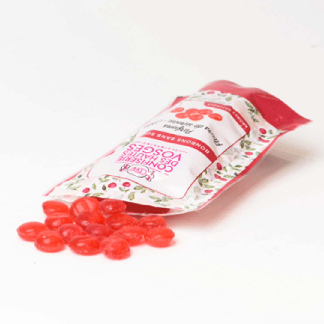 Opened bag of CHDV's elderweiss flower & cherry sugar-free candies. Net weight: 100g