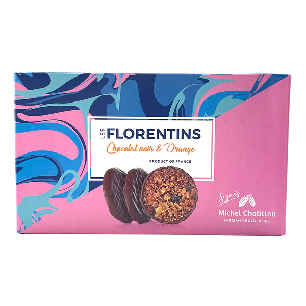 Box of dark chocolate and orange florentins