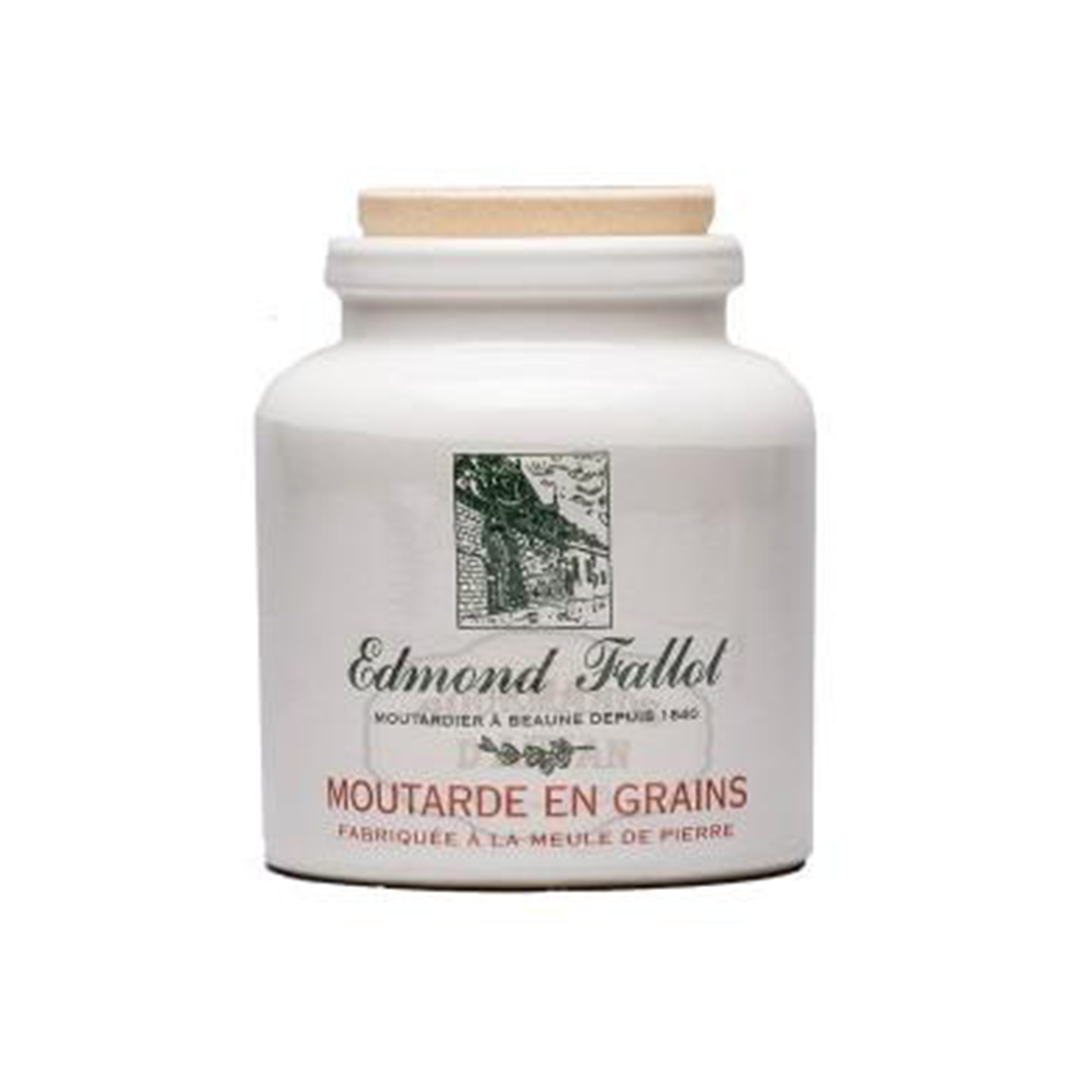Stoneware jar of Edmond Fallot's grainy mustard. Net weight: 250g