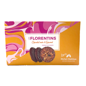 Box of dark chocolate and caramel florentins.