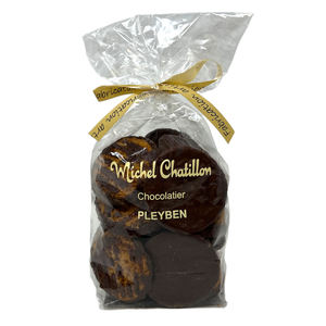 Bag of Michel Chatillon's fresh churned butter fine galettes coated with dark chocolate. Net weight: 200g