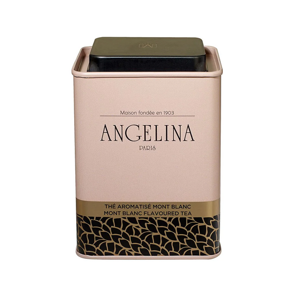 Tin of Angelina's Mont Blanc flavoured tea. Net weight: 100g