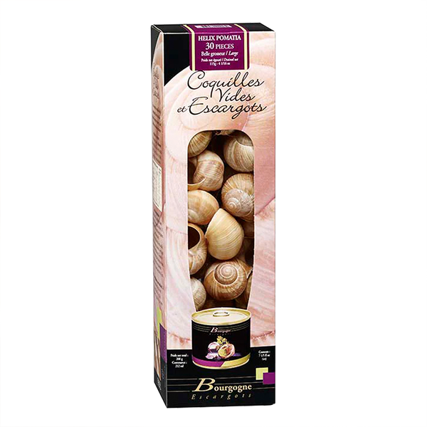 Box including a tin of 24 precooked escargots de Bourgogne and 24 reusable shells.