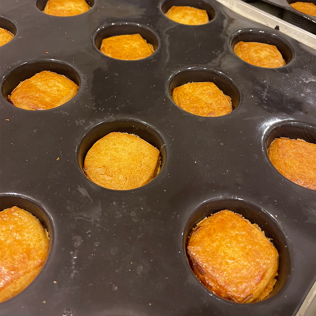 Pure butter palets bretons with caramel in  mould, just out of the oven. Baked in house.