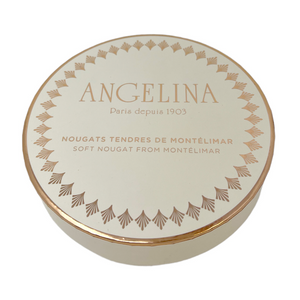 Soft nougat from Montélimar in Angelina's prestigious round shaped box. Net weight: 90g