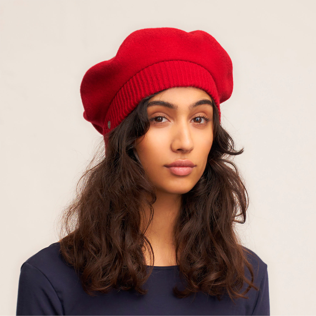 Laulhère's 100% Merino wool The Parisienne beret - Hermes - worn by a model