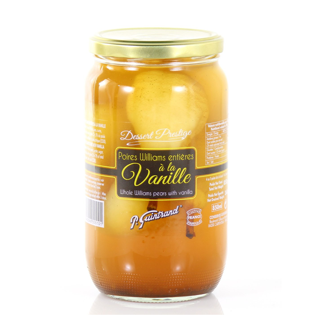 Jar of Guintrand's whole Williams pears in syrup with vanilla.  Net weight: 350g