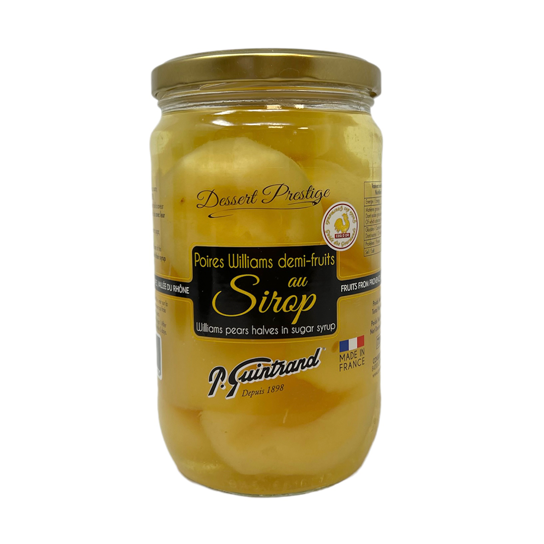 Jar of Guintrand's Williams pear halves in sugared syrup. Net weight: 720g