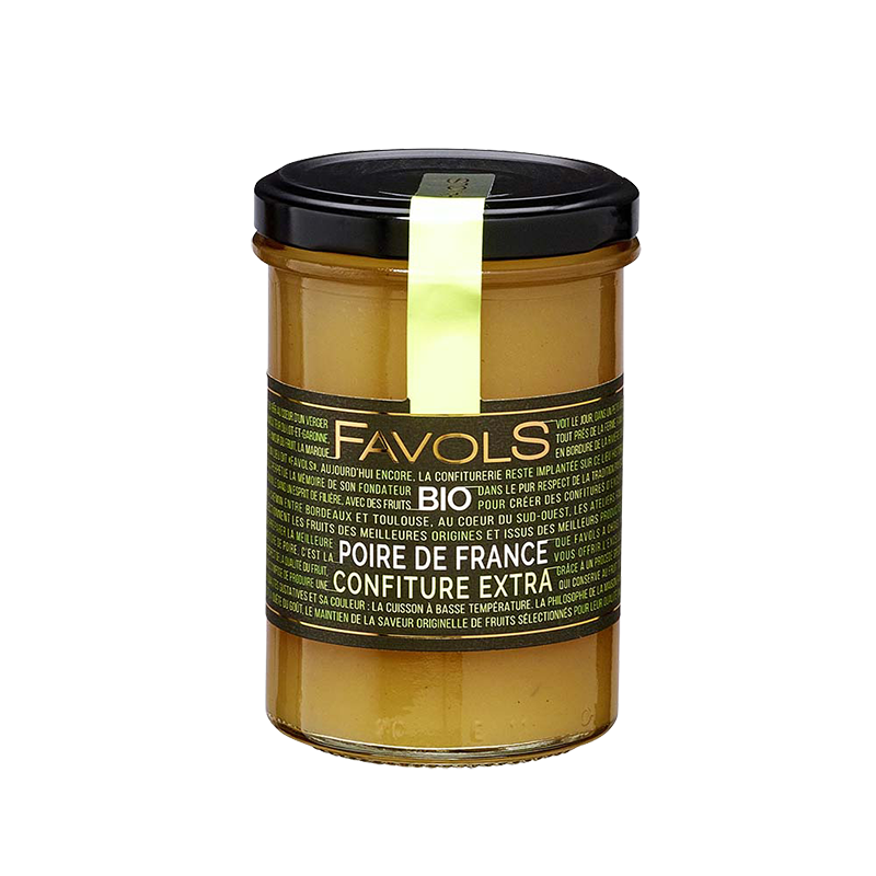 Favols' pear organic premium jam is really tasty. Comes in a jar. Net weight 250g